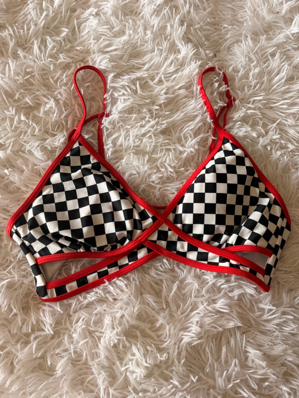 Malibu Black & White Checkerboard bikini top with Red Trim